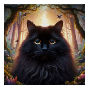 Poster Belle Fluffy Chat Noir avec yeux or