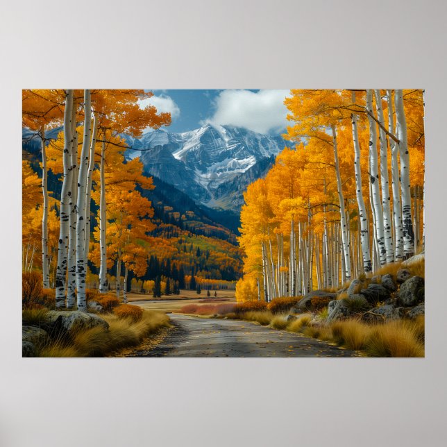 Poster Belle forêt de bouleaux en papier doré (Devant)