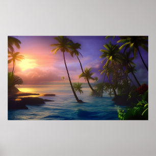 Poster Belle île tropicale vue océan palmiers