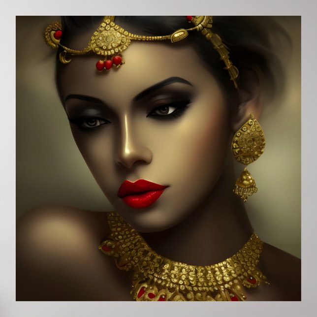 Poster Belle Indienne Asiatique Tête rouge exotique (Devant)
