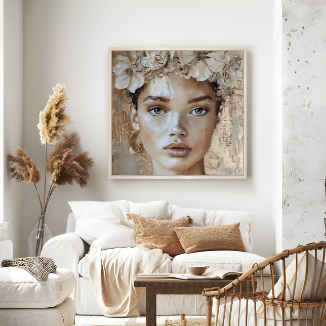 Poster Belle jeune modèle de mode Floral Portrait Art (Beautiful Young Fashion Model Floral Portrait Art Poster in a neutral boho living room.)