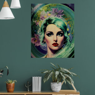 Poster Belle Lavande & Green Retro Style Space Woman