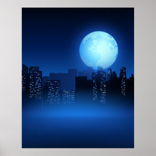 Poster Belle pleine lune la nuit sur la ville
