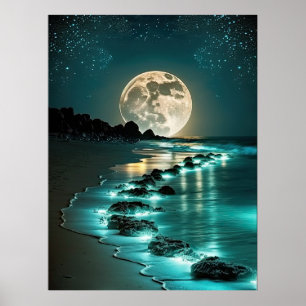 Poster Belle Pleine lune Plage Océan étoile Nuit