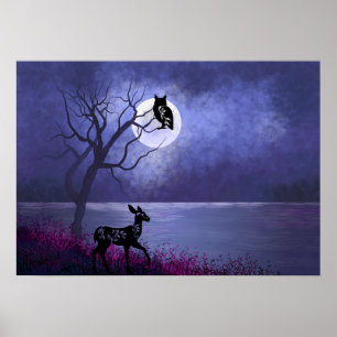 Poster Belle Pleine lune sur l'eau avec Chouette et Cerf