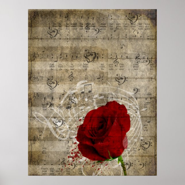 Poster Belle rose rouge notes piano tourbillonné (Devant)
