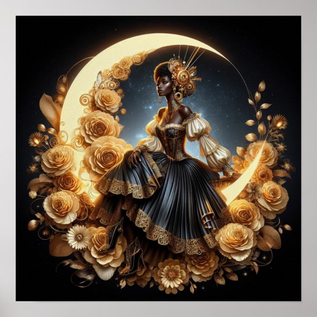 Poster Belle Steampunk Woman sur la Lune (Devant)