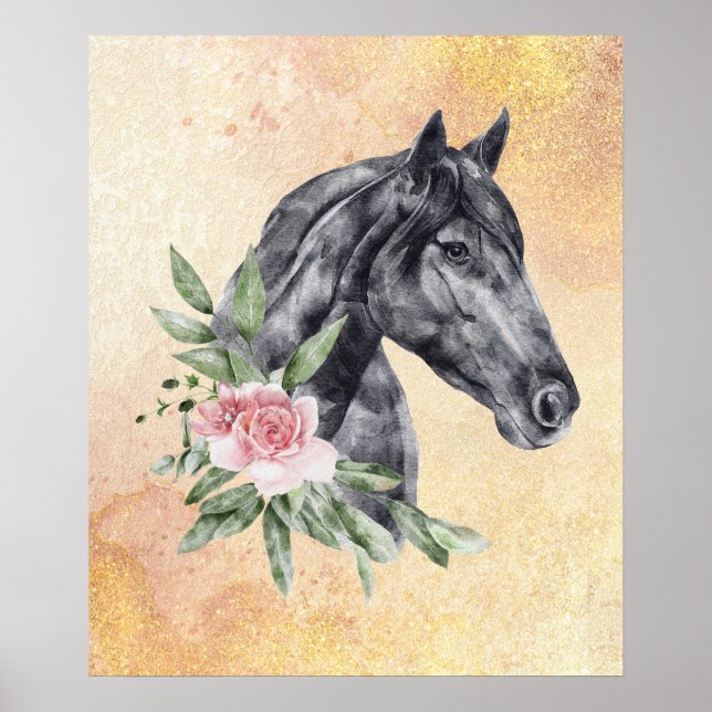 Poster Belle tête de cheval noir Portrait d'aquarelle (Devant)