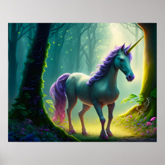Poster Belle Unicorne debout dans la Forêt.
