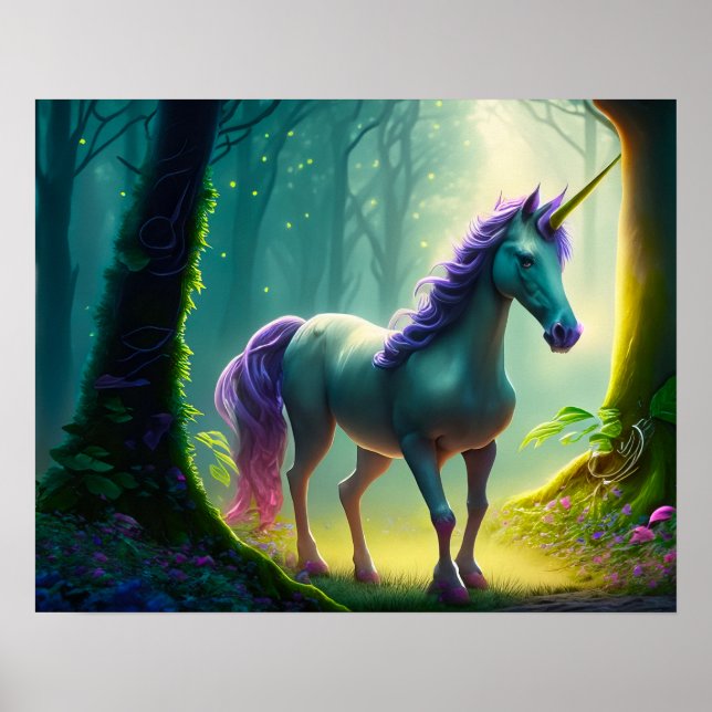 Poster Belle Unicorne debout dans la Forêt. (Devant)