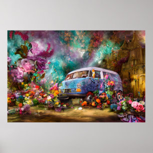 Poster Belle vieille fourgonnette Combi turquoise avec fl