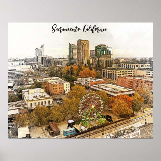 Poster Belle vue de la ville de Sacramento en Californie (Devant)