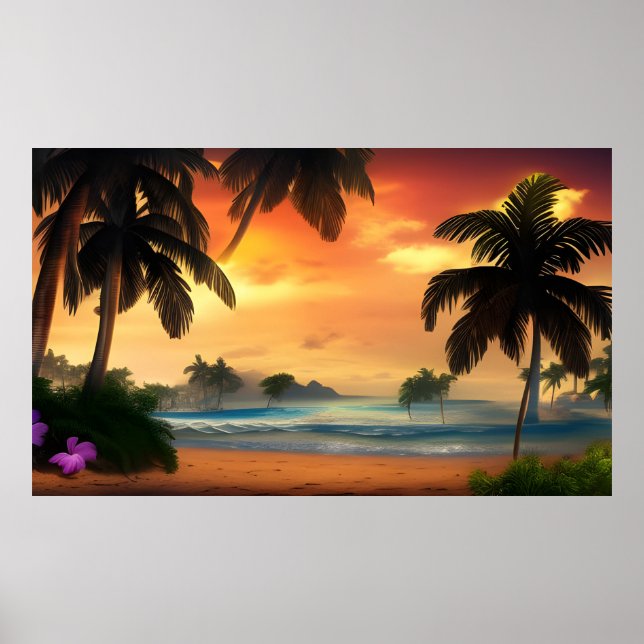 Poster Belle vue sur l'île tropicale palmiers océaniques  (Devant)