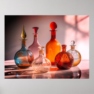 Poster Belles Anciennes Bouteilles en Verre Fond Noir Mur