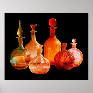 Poster Belles Anciennes Bouteilles en Verre Fond Noir Mur