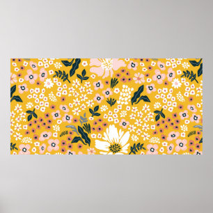Poster Belles fleurs de jardin sur arrière - plan jaune. 