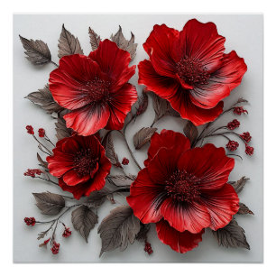 Poster Belles fleurs et feuilles rouges