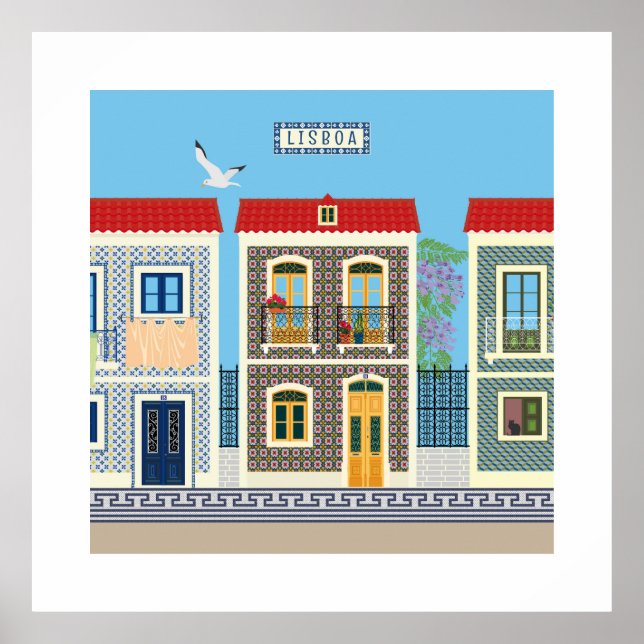 Poster Belles maisons portugaises avec tuiles ou azulejos (Devant)
