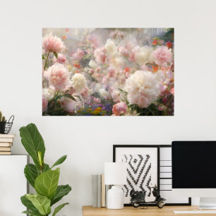 Poster Belles Pivoines Blanches et Roses Peinture à l'Aqu