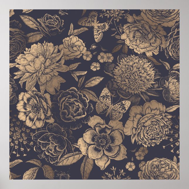 Poster Belles pivoines de fleurs, roses et papillons. (Devant)