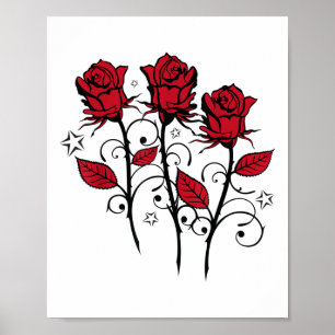 Poster Belles Roses Rouges Et Feuilles Avec Tatouage Étoi