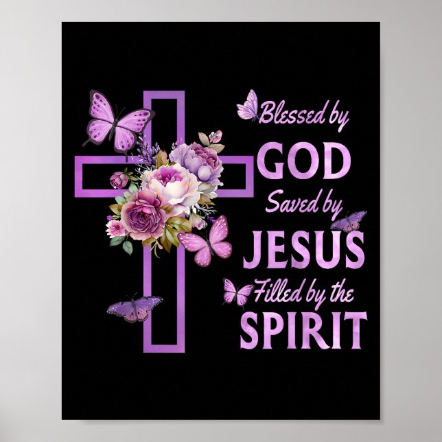Poster Béni par Dieu sauvé par Jésus Croix Florale pourpr (Devant)