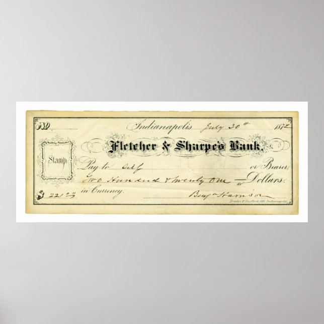 Poster Benjamin Harrison Signed Check du 30 juillet 1875 (Devant)