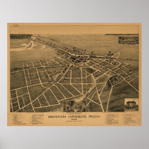 Poster Benton Harbor Michigan 1889 Antique Panoramic Map