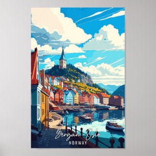 Poster Bergan Oslo Norvège Art illustration de voyage vin
