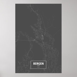 Poster Bergen, Norvège (blanc sur noir)