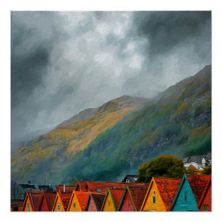 Poster Bergen Norvège Maisons en Bois Vibrantes Voyage Ré