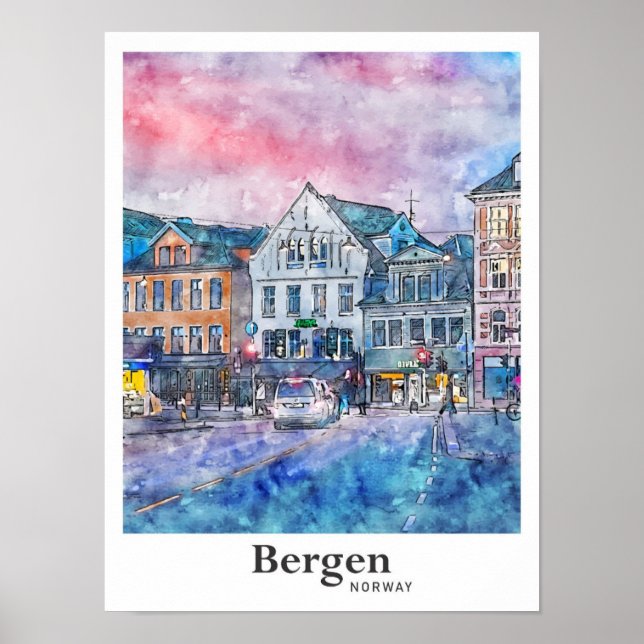 Poster Bergen Norvège Voyage Aquarelle Croquis Main tirée (Devant)