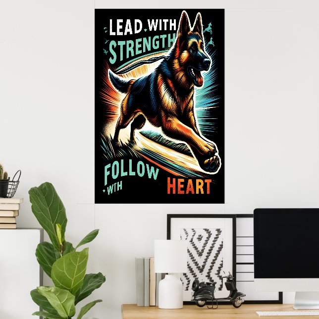 Poster Berger Allemand Leaping Avec Force et Coeur (Bureau à domicile)