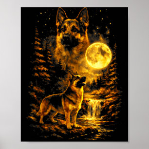 Poster Berger Allemand Nuit au Clair de Lune Art Chien Hu