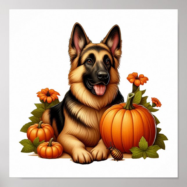 Poster Berger allemand reposant avec Citrouilles et fleur (Devant)