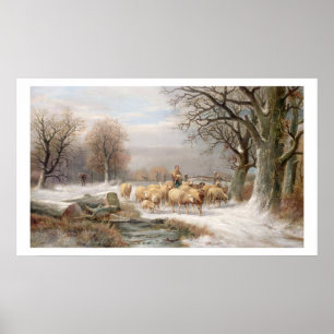 Poster Bergère avec son troupeau dans un paysage d'hiver