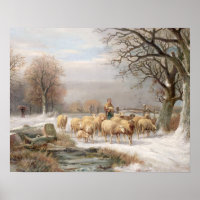 Bergère avec son troupeau dans un paysage hivernal