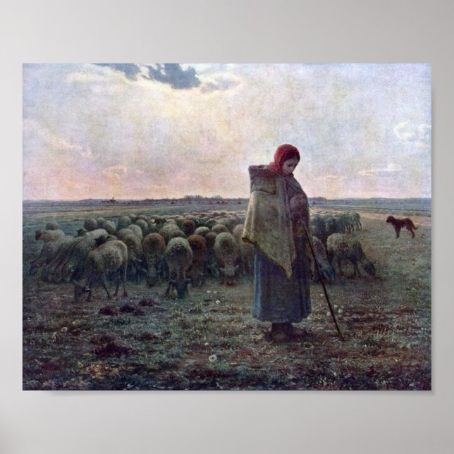 Poster Bergère avec son troupeau, Jean-François Millet (Devant)