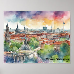 Poster Berlin Allemagne Toits Colorés Aquarelle