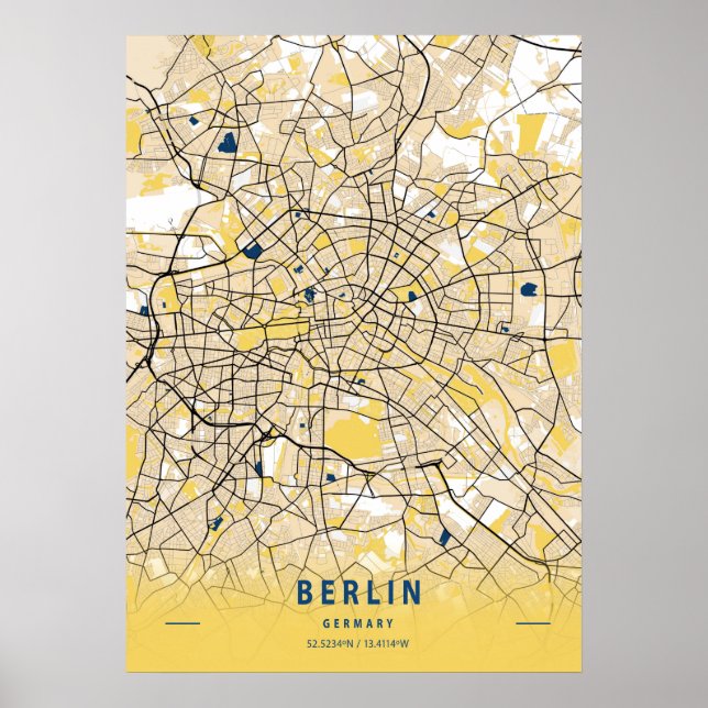 Poster Berlin - Germary Yellow City Map (Devant)