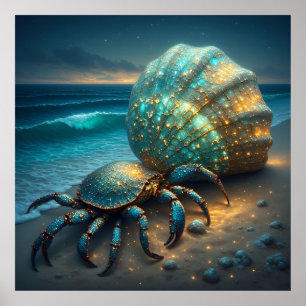 Poster Bernard l'ermite avec coquille de mer scintillante