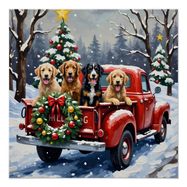 Poster Bernedoodle Christmas Red Truck Holiday (Devant)