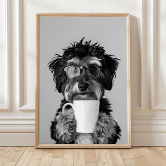 Poster Bernedoodle et café, art mural, noir et blanc