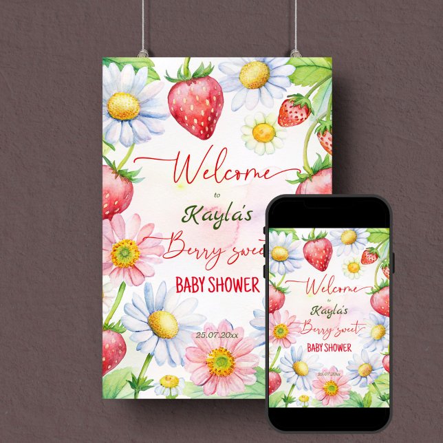 Poster Berry baby shower de fraise douce marguerite bienv (Berry sweet summer garden daisy strawberry baby shower welcome sign poster template instant download)