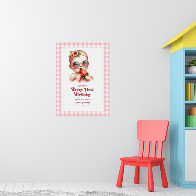 Poster Berry En vichy fraise rose 1er anniversaire Bienve (Pépinière 1)
