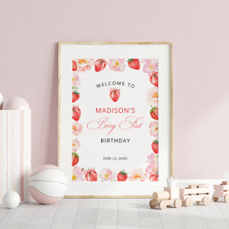 Poster Berry First Birthday Strawberry Bow Welcome