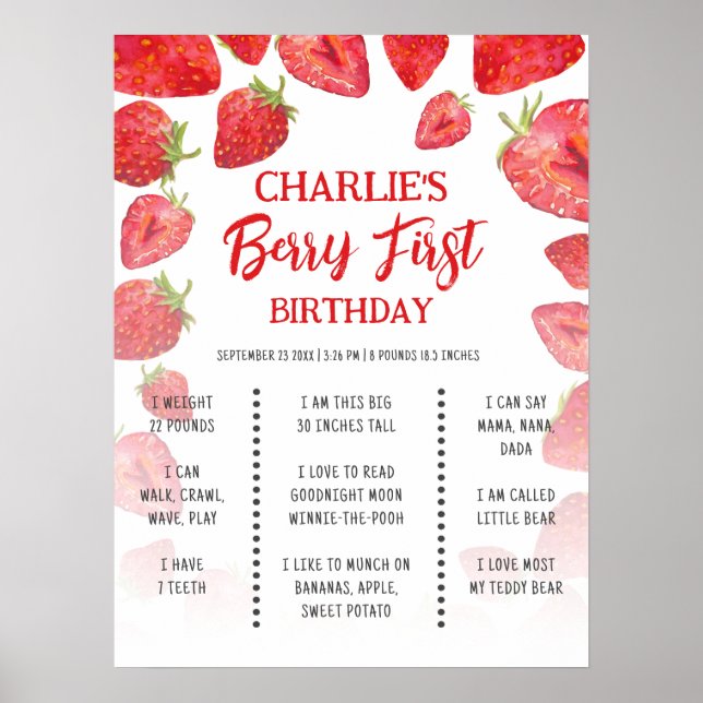 Poster Berry First Boho Strawberry Birthday Milestday (Devant)