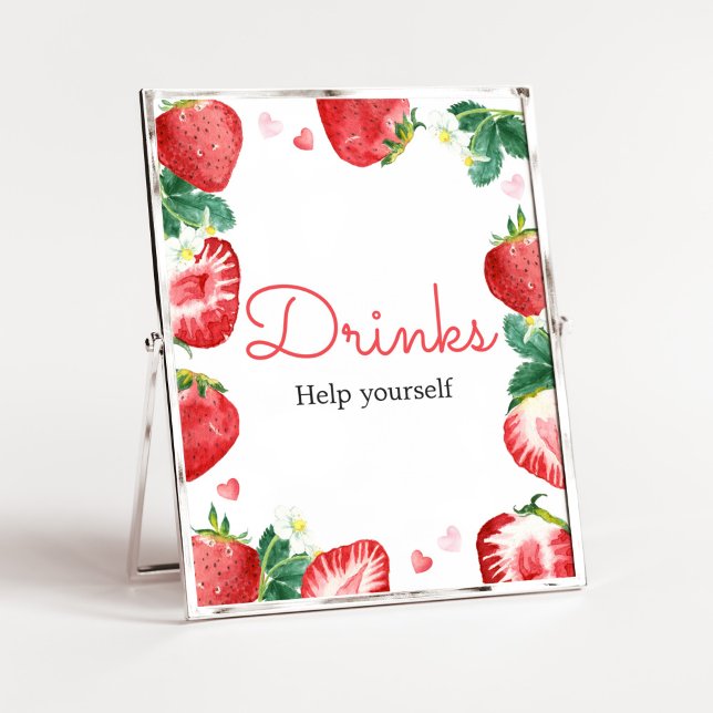 Poster Berry fraise Baby shower sucré Boissons (A Berry Sweet Strawberry Baby Shower Drinks Sign)