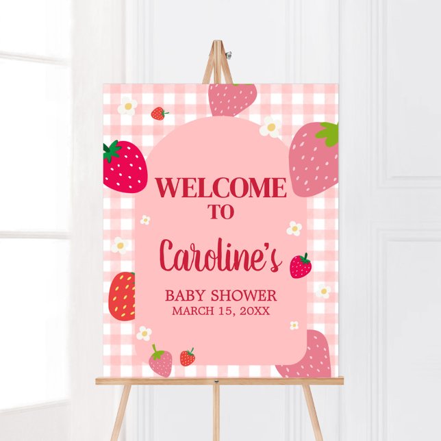 Poster Berry Sweet En vichy Baby shower aux fraises Bienv (Gingham Strawberry Berry Sweet Baby Shower Welcome Sign)