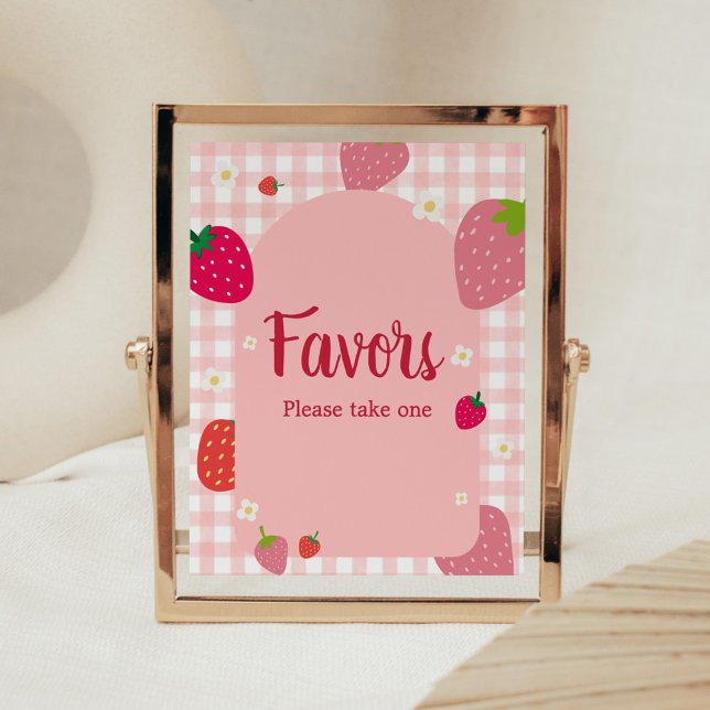 Poster Berry Sweet En vichy Fraise Baby shower Faveurs (Gingham Strawberry Berry Sweet Baby Shower Favors Sign)